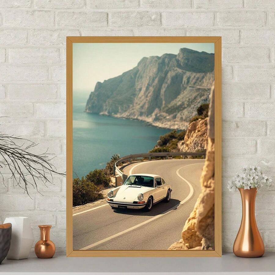 Vintage luxury car Canvas poster featuring a scenic coastal drive and retro style. Perfect for garages, living rooms, offices, cabins, and car lovers.