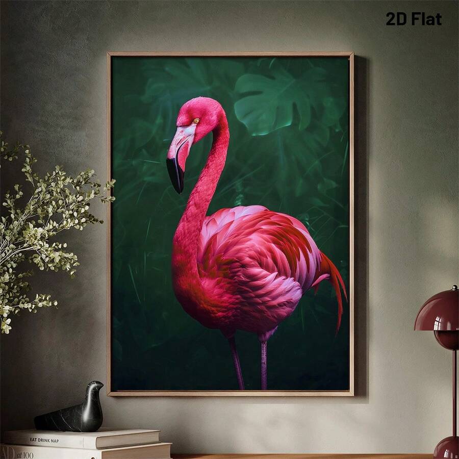 Botanical flamingo wall art in a bright residential interior