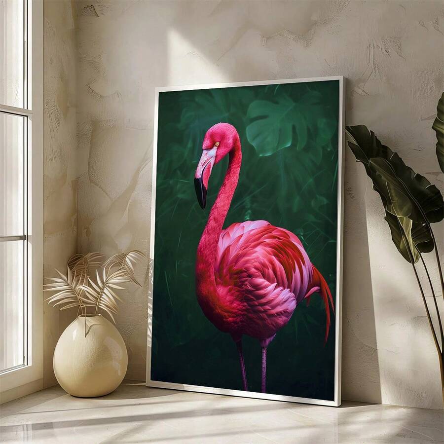 Tropical flamingo print with vivid green leaves and pop-art styling