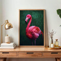 Emerald green botanical poster with pink flamingo artwork