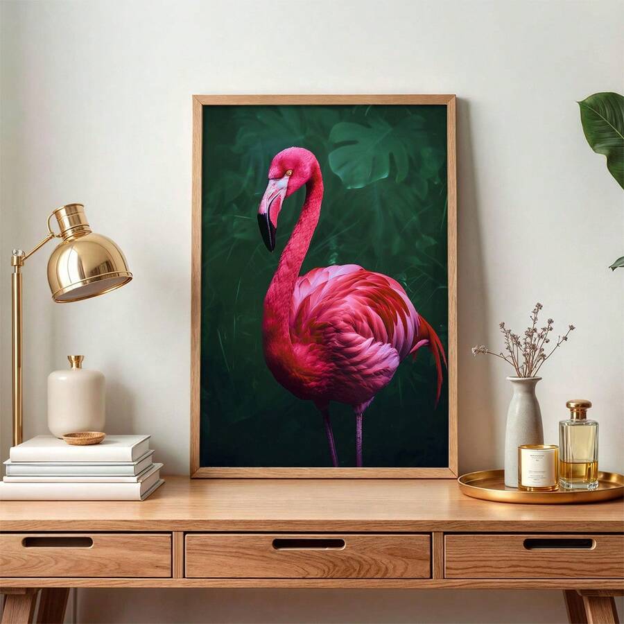 Emerald green botanical poster with pink flamingo artwork
