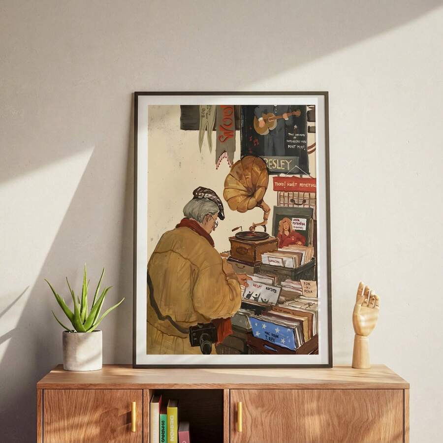 Framed vinyl record wall art showing older man browsing records in vintage music shop