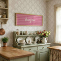 Cottagecore Bonjour typography print in pink cream and natural wood frame styling