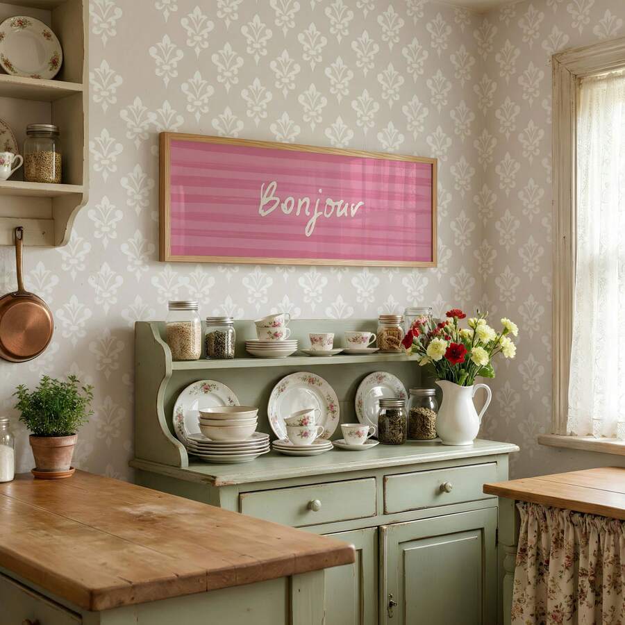 Cottagecore Bonjour typography print in pink cream and natural wood frame styling