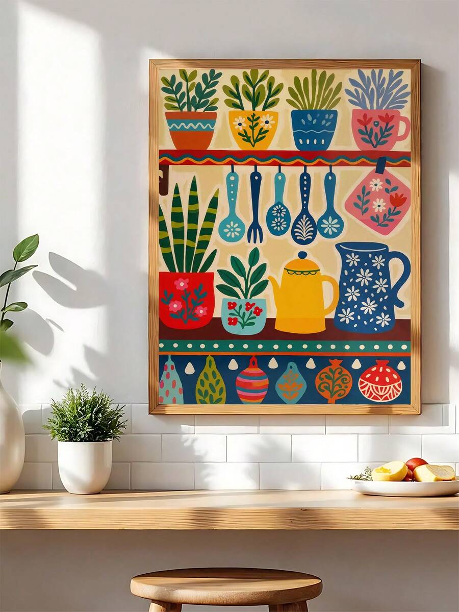 Colorful framed kitchen wall art with plants utensils kettle and pitcher
