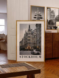 Stockholm cityscape with vintage car and STOCKHOLM text in a gold-framed portrait print