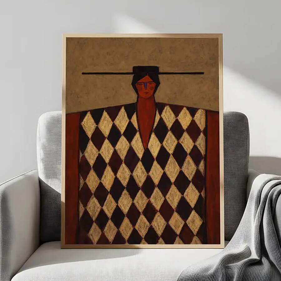 Abstract folk portrait canvas with diamond pattern in black frame by sunlit doorway