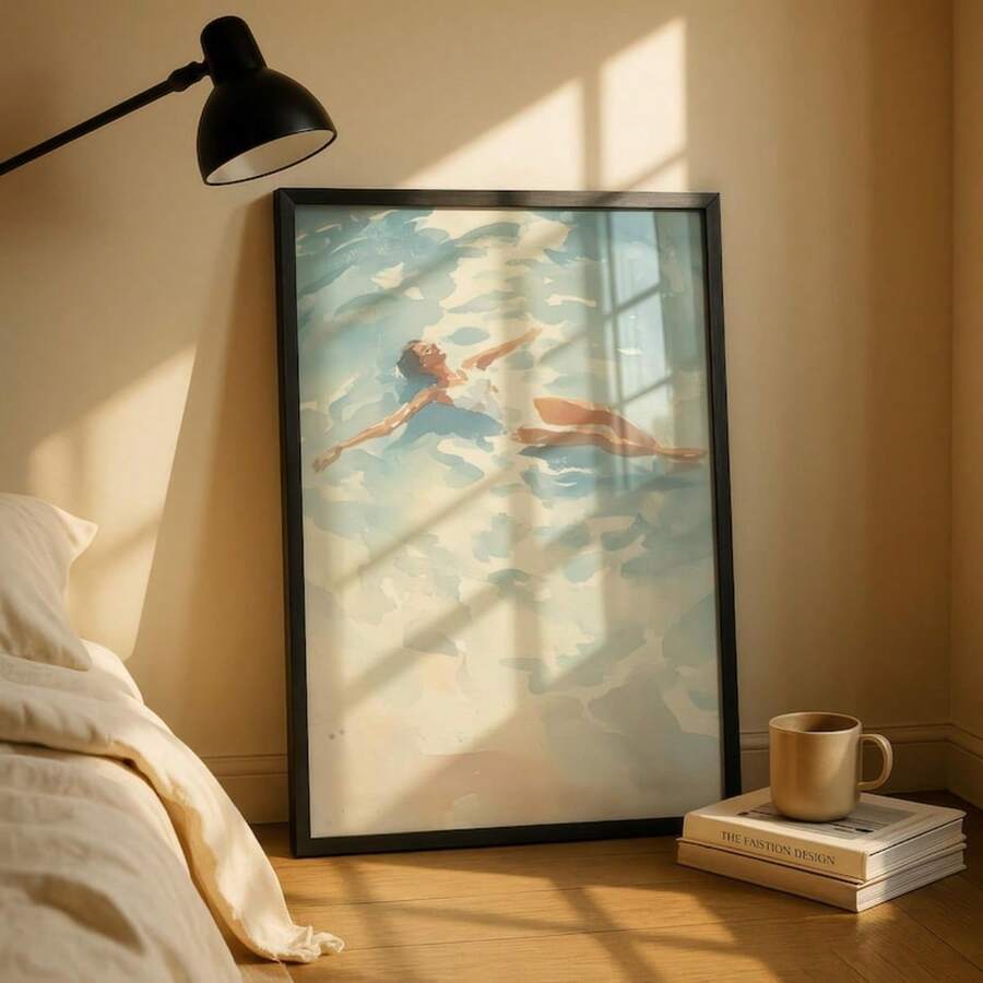 Coastal landscape artwork shown in a relaxed interior setting