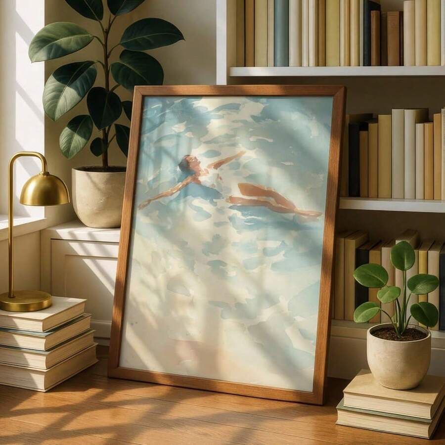 Framed coastal swimming poster for a modern living room