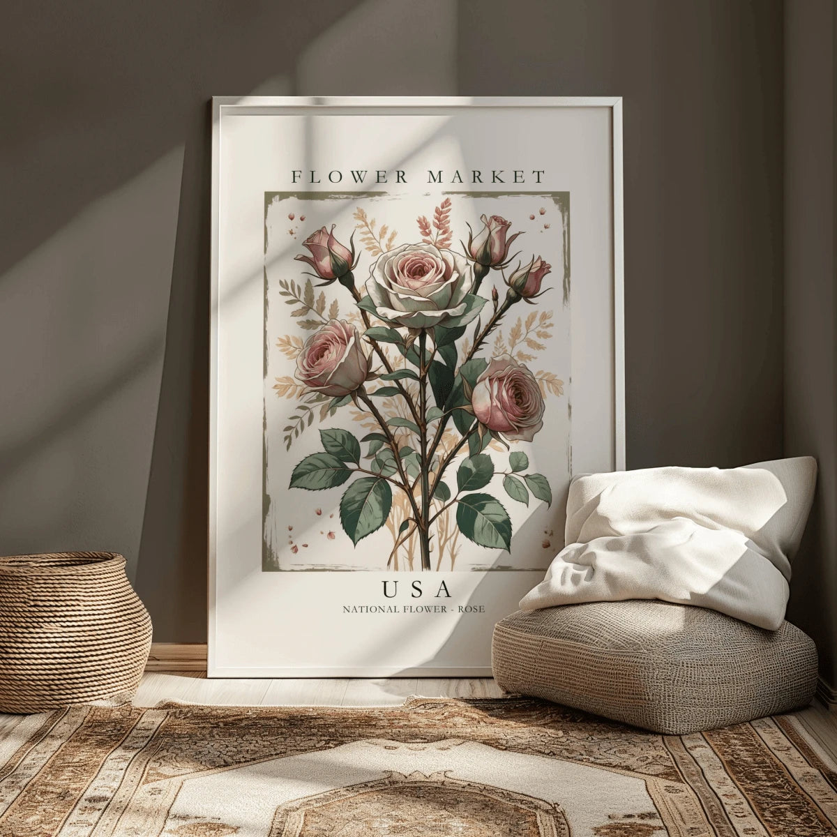 Rose flower market canvas print styled beside a woven pouf and neutral linens