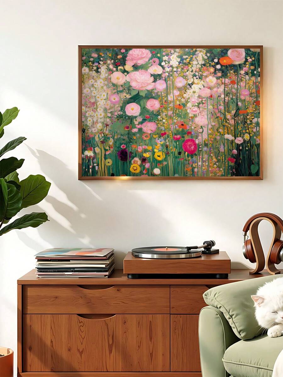 Framed emerald wildflower wall art on wooden console