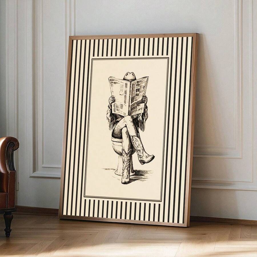 Western cowgirl reading newspaper wall art