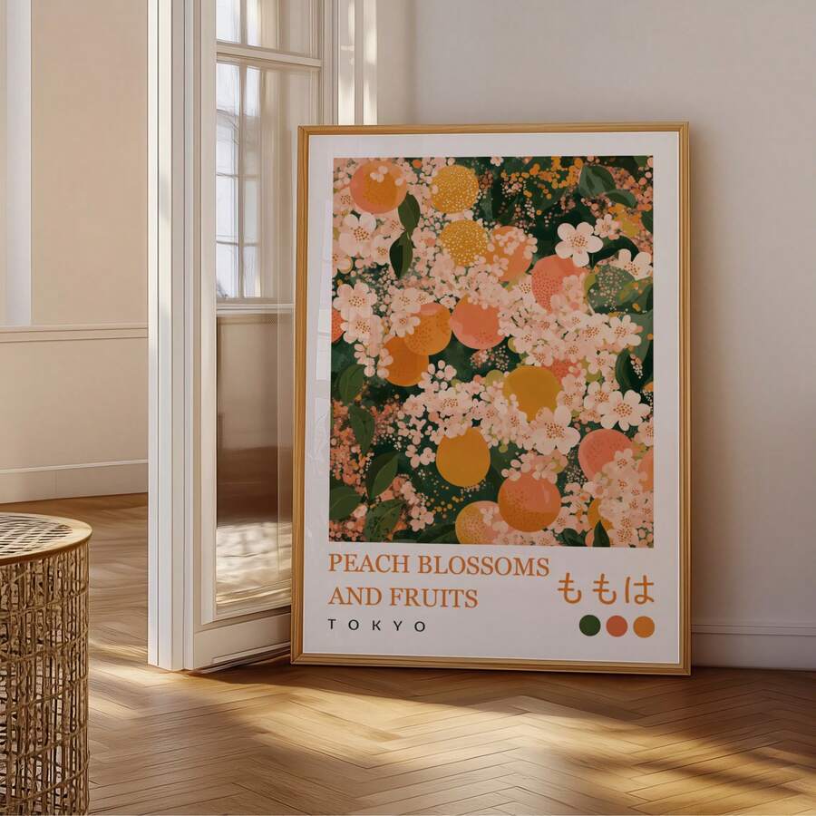 Framed Tokyo fruit blossom poster near window