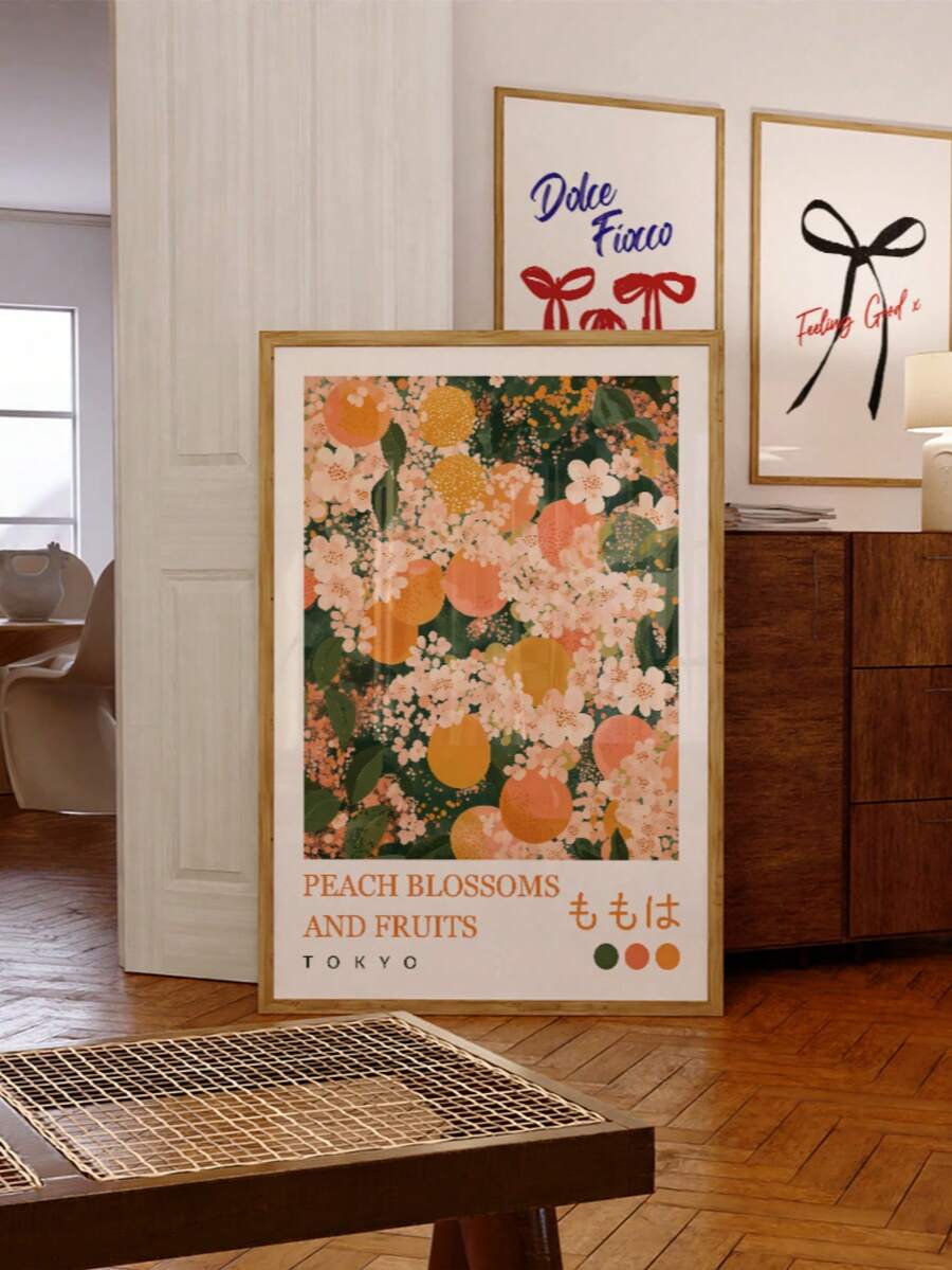 Peach blossoms poster leaning with other wall art