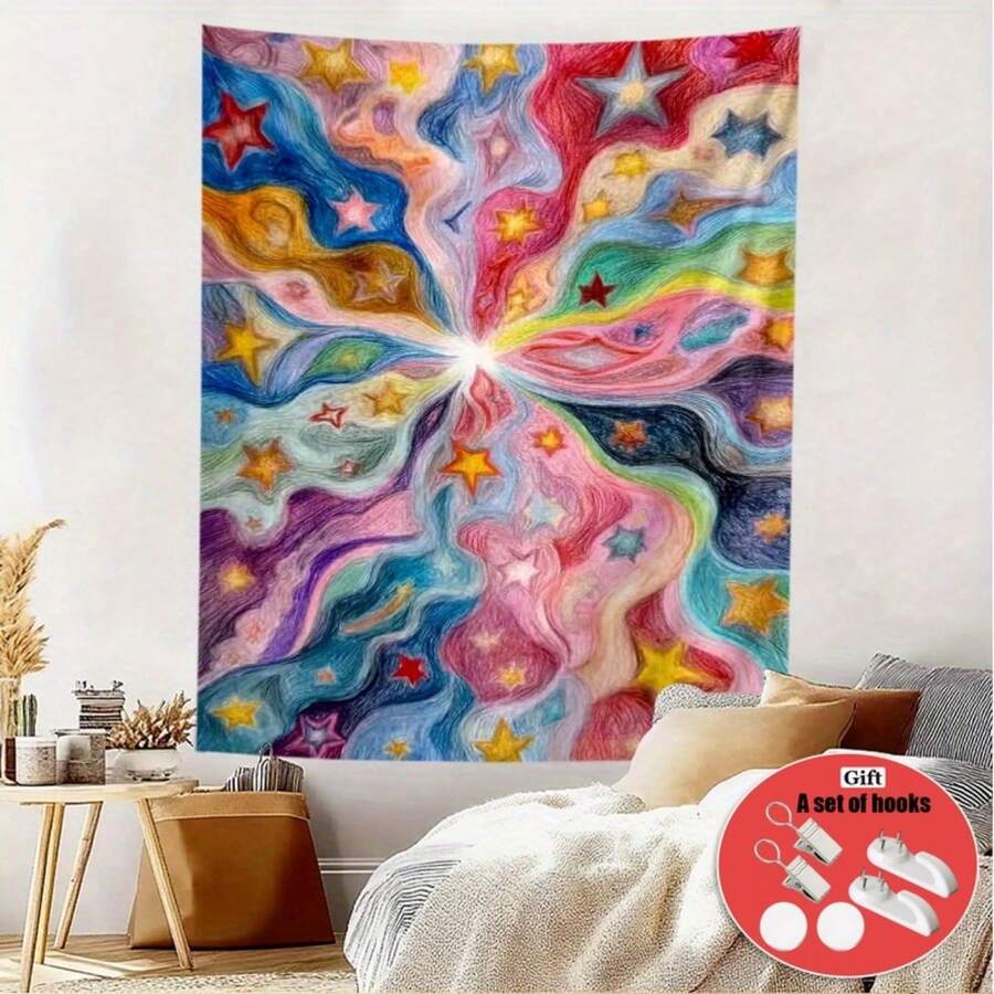 Rainbow starry sky tapestry with colorful cosmic swirl above bed