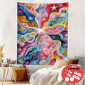Rainbow starry sky tapestry with colorful cosmic swirl above bed
