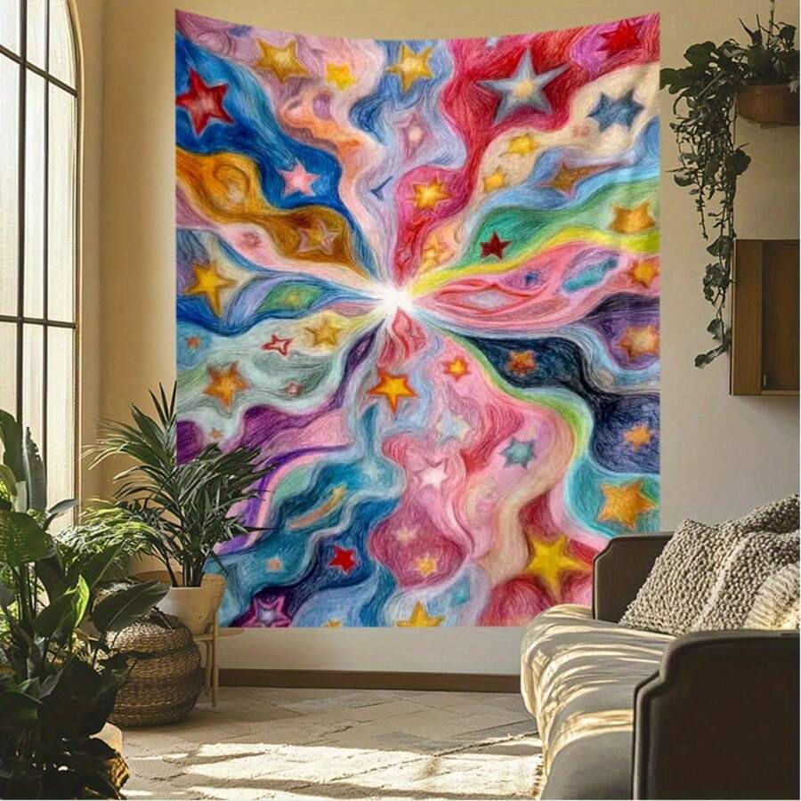 Rainbow starry sky tapestry with colorful cosmic swirl above bed