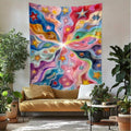 Colorful boho room decor tapestry shown as bedroom wall art