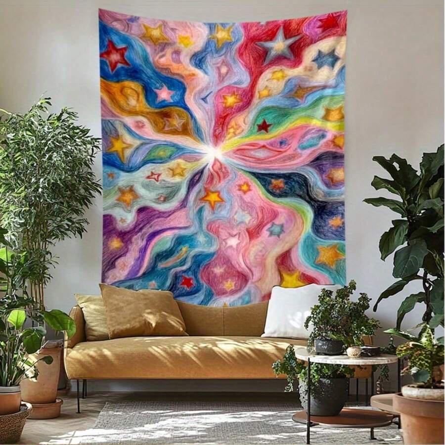 Colorful boho room decor tapestry shown as bedroom wall art