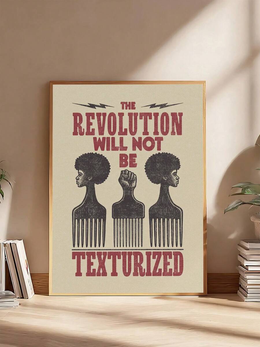 Framed Black liberation quote poster with Afro comb art leaning in sunlit room