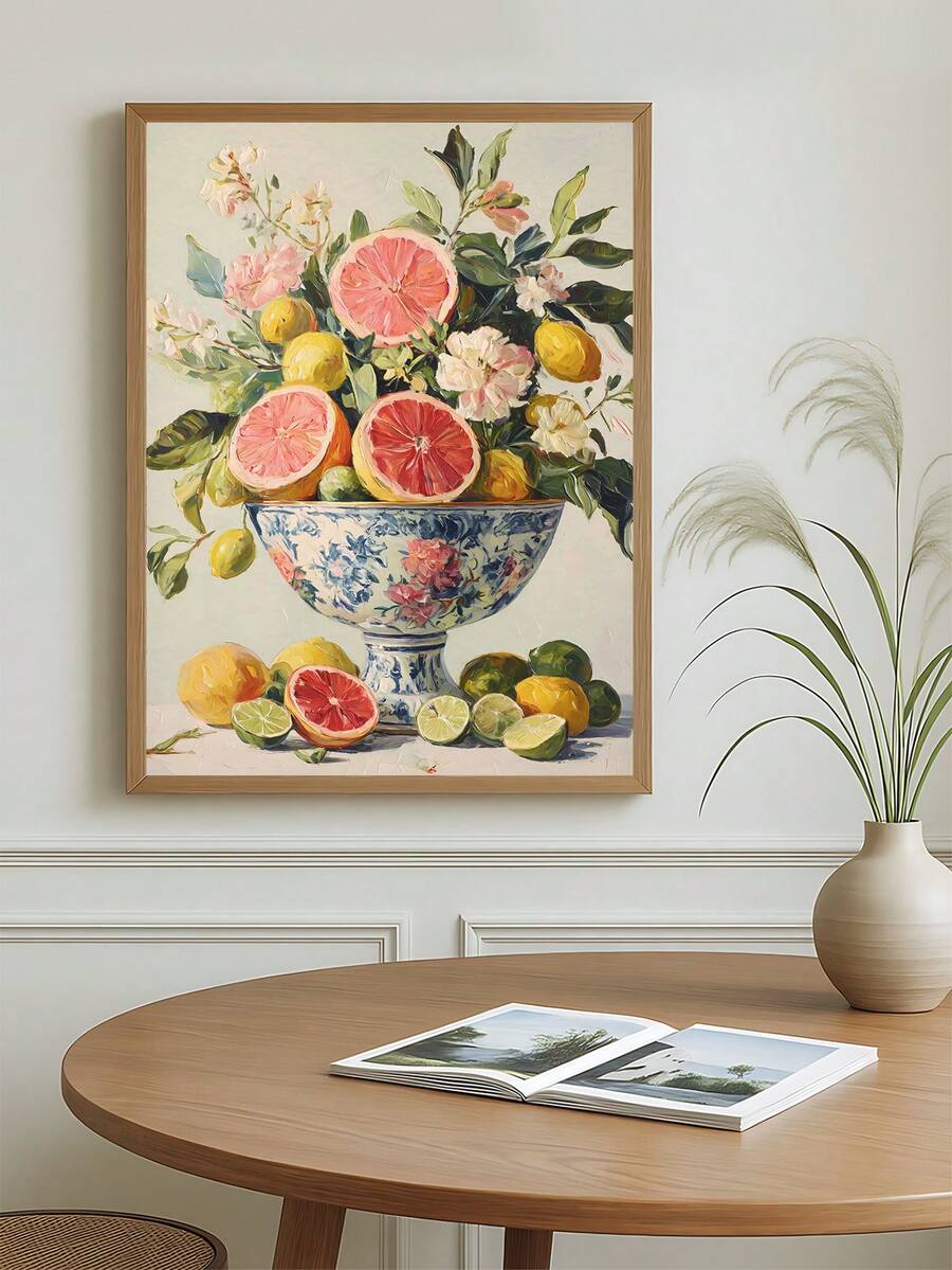Framed citrus still life canvas with grapefruit lemons limes flowers in blue porcelain bowl