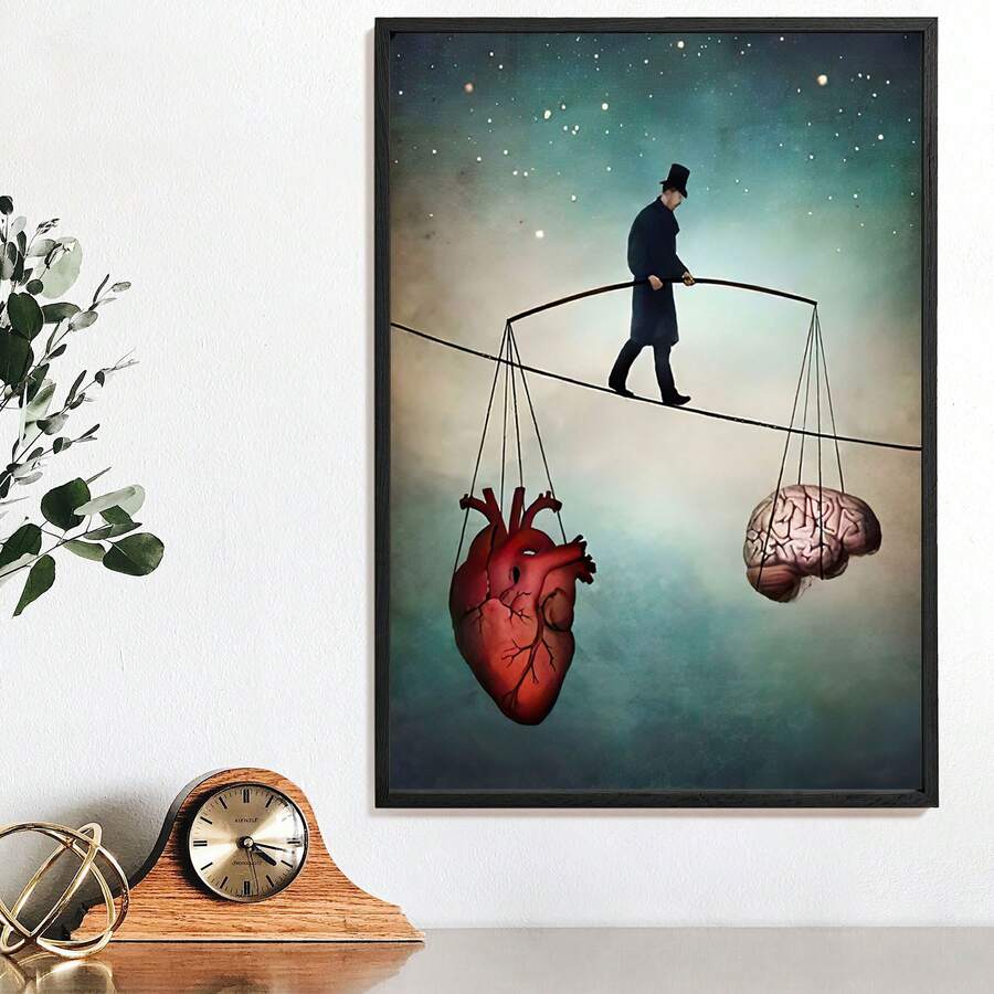 Surreal framed print of tightrope walker balancing heart and brain under teal starry sky in room
