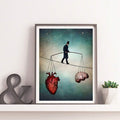 Surreal heart brain balance art in white mat frame on shelf with plant and ampersand decor