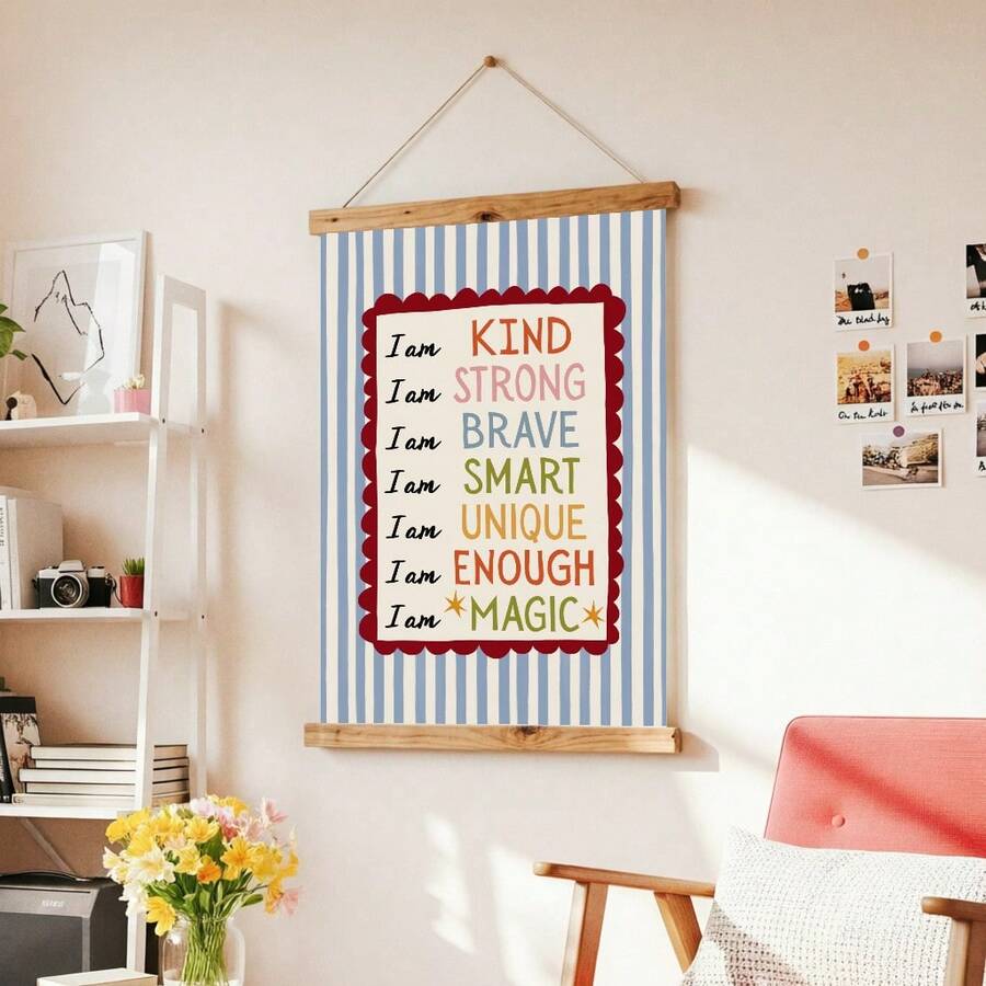 Inspire your child's confidence with this vibrant "I Am" affirmations canvas print. Featuring bold, modern lettering, this waterproof artwork displays empowering messages designed to build self-esteem and positive thinking. Perfect for nurseries, playrooms, and classrooms, it combines motivational text with contemporary design. The durable canvas construction ensures long-lasting color and quality, while the ready-to-hang frame makes installation effortless. A meaningful addition to any child's space that e