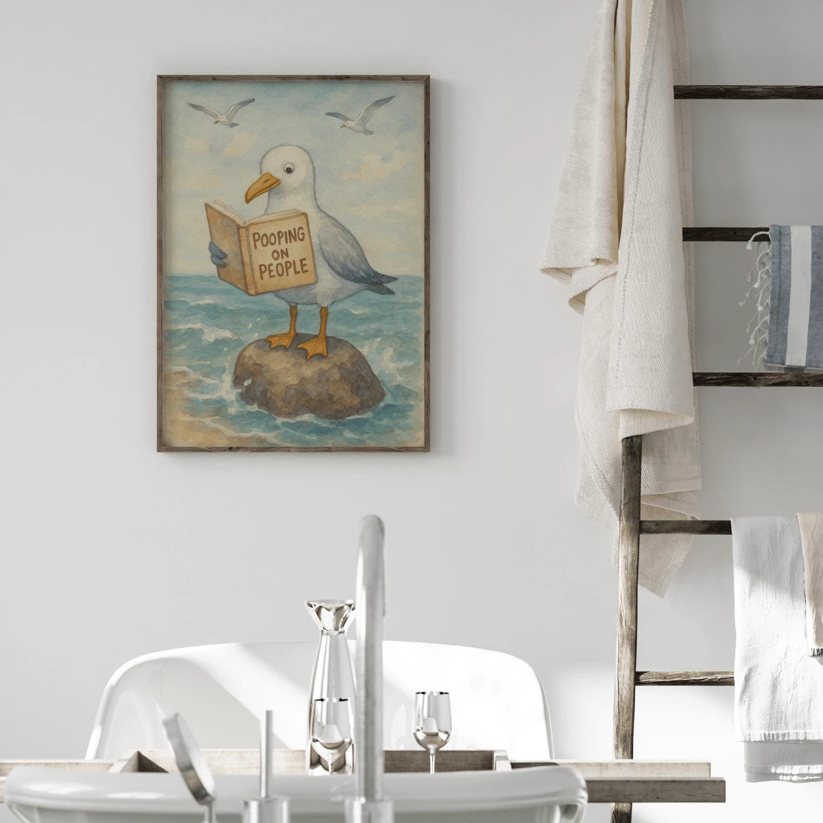 Whimsical Seagull Humorous Toilet & Beach Bathroom Canvas Poster