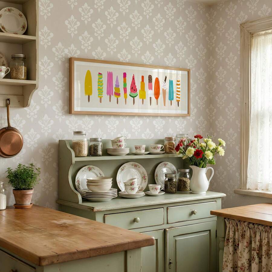 close-up artwork detail of Panoramic framed wall art print with colorful popsicles and ice cream bars in bright yellow, pink, orange, teal, green and retro summer style.