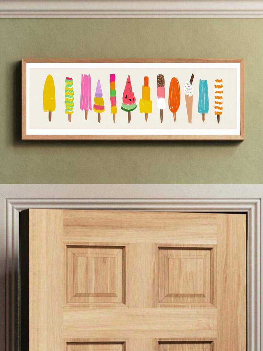 room mockup view of Panoramic framed wall art print with colorful popsicles and ice cream bars in bright yellow, pink, orange, teal, green and retro summer style.