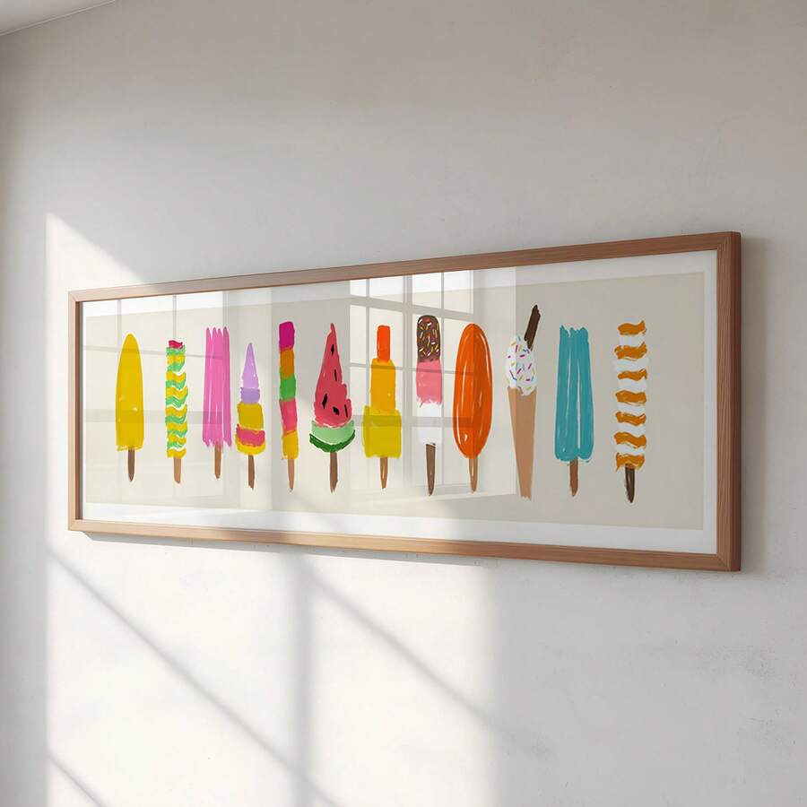 front framed view of Panoramic framed wall art print with colorful popsicles and ice cream bars in bright yellow, pink, orange, teal, green and retro summer style.