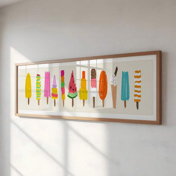front framed view of Panoramic framed wall art print with colorful popsicles and ice cream bars in bright yellow, pink, orange, teal, green and retro summer style.