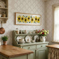 Panoramic sunflower wall art in cottage kitchen above dish hutch