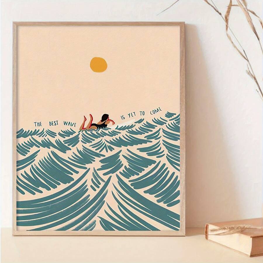 Light wood framed surfing girl wave poster displayed beside books