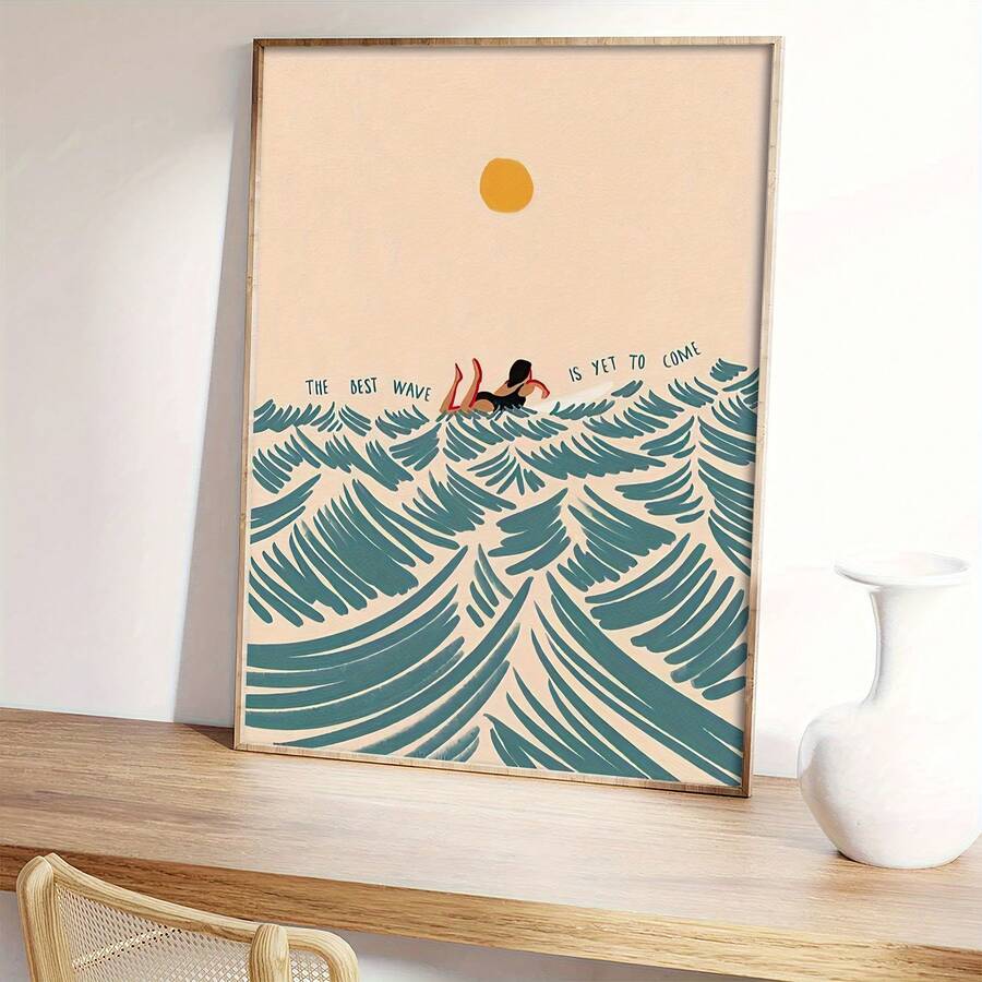 Light wood framed surfing girl wave canvas poster styled on a desk