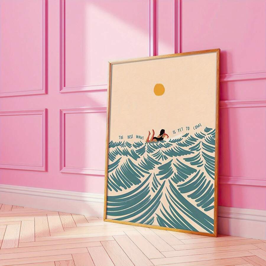 Gold-framed retro surfing girl wave poster against a pink paneled wall