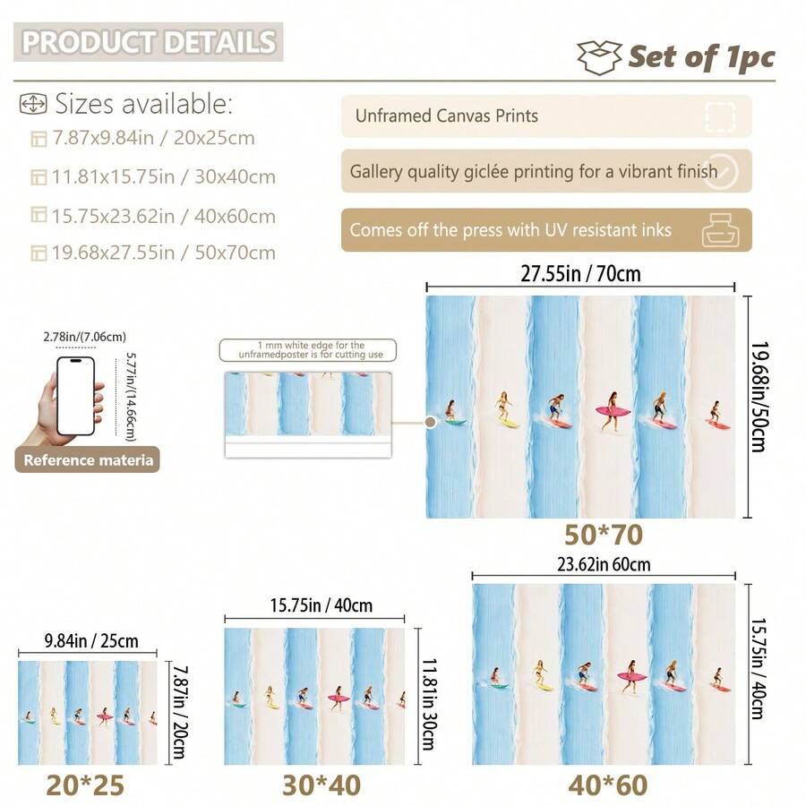 Size guide showing four canvas dimensions for the six-surfer illustration