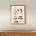 Framed vintage inspirational poster above a low wood cabinet in a sparse cream wall interior