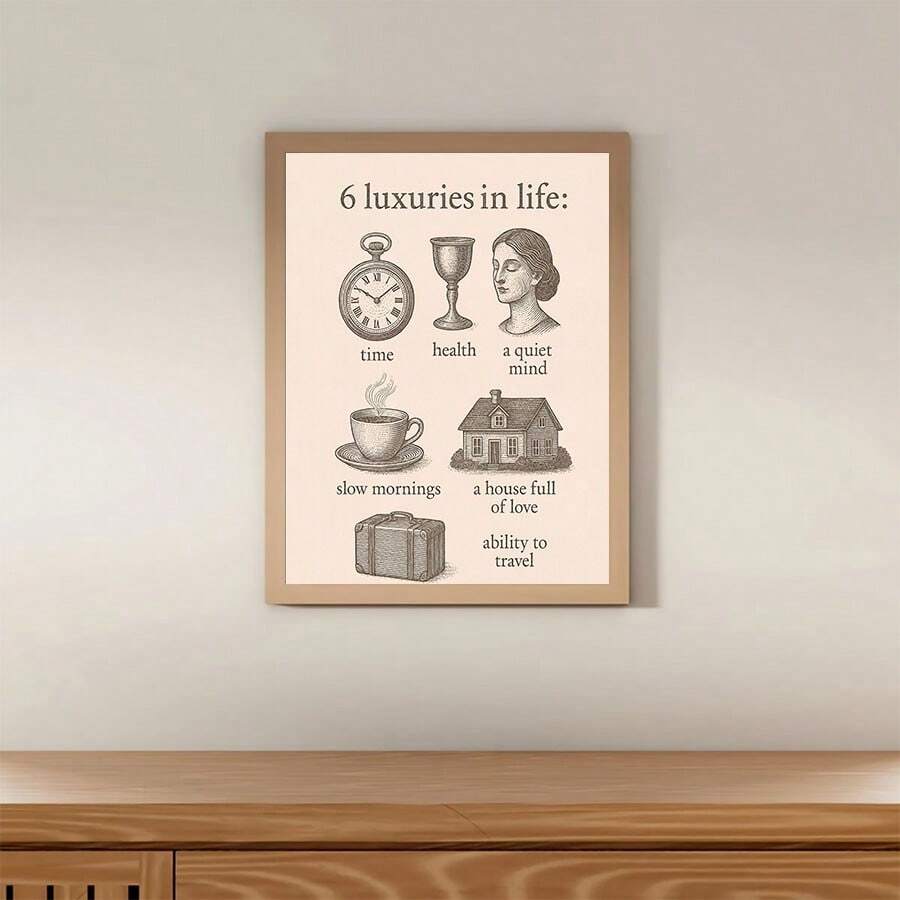 Framed vintage inspirational poster above a low wood cabinet in a sparse cream wall interior