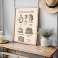 Light wood framed Six Luxuries in Life poster above a rustic console with teacups vase and straw hat