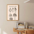 Vintage inspirational text artwork in a wood frame above a minimalist desk with books and sketches