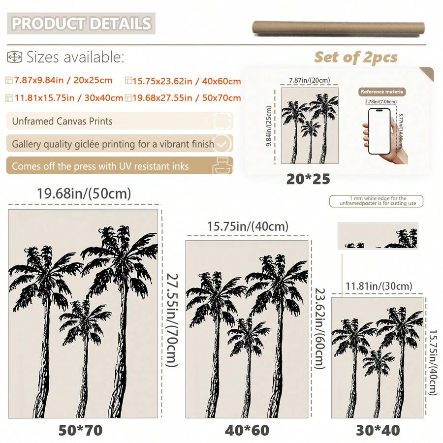Canvas size chart with palm illustration showing five portrait dimensions