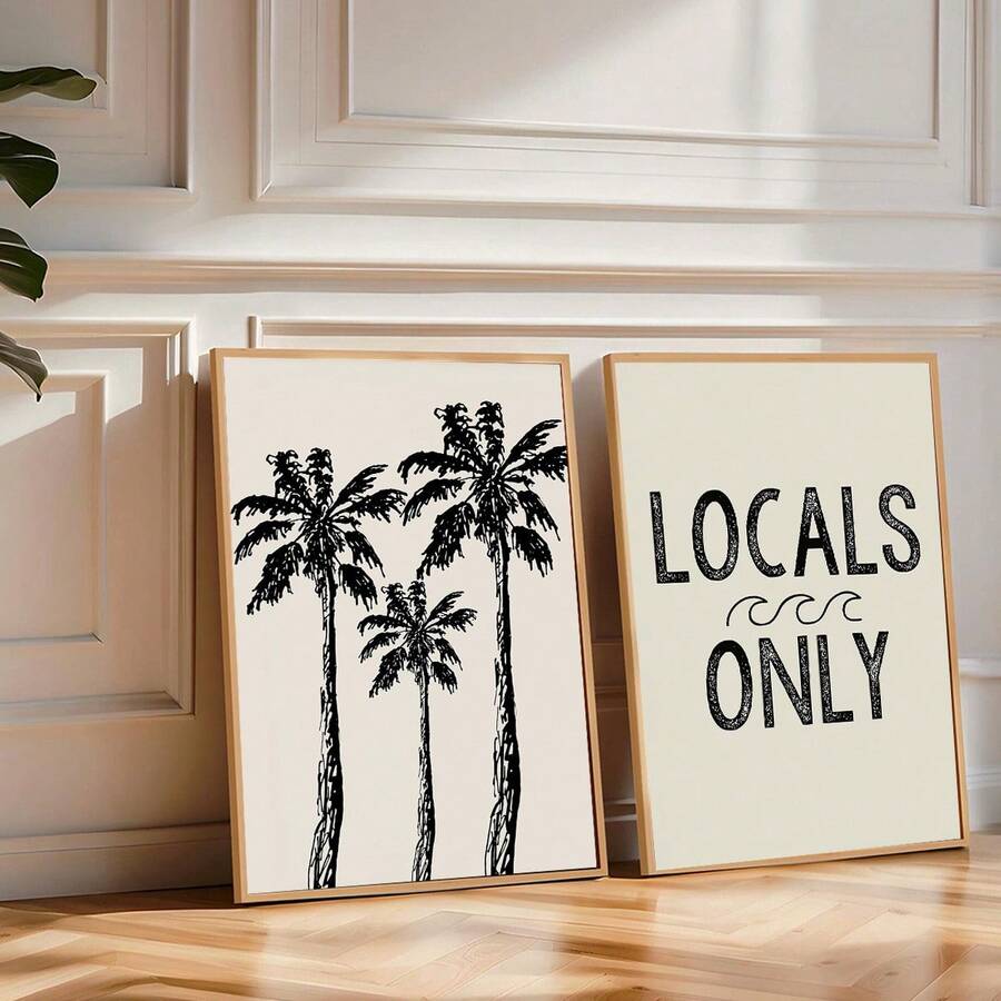 Wood-framed palm tree sketch and Locals Only typography canvases on a paneled wall