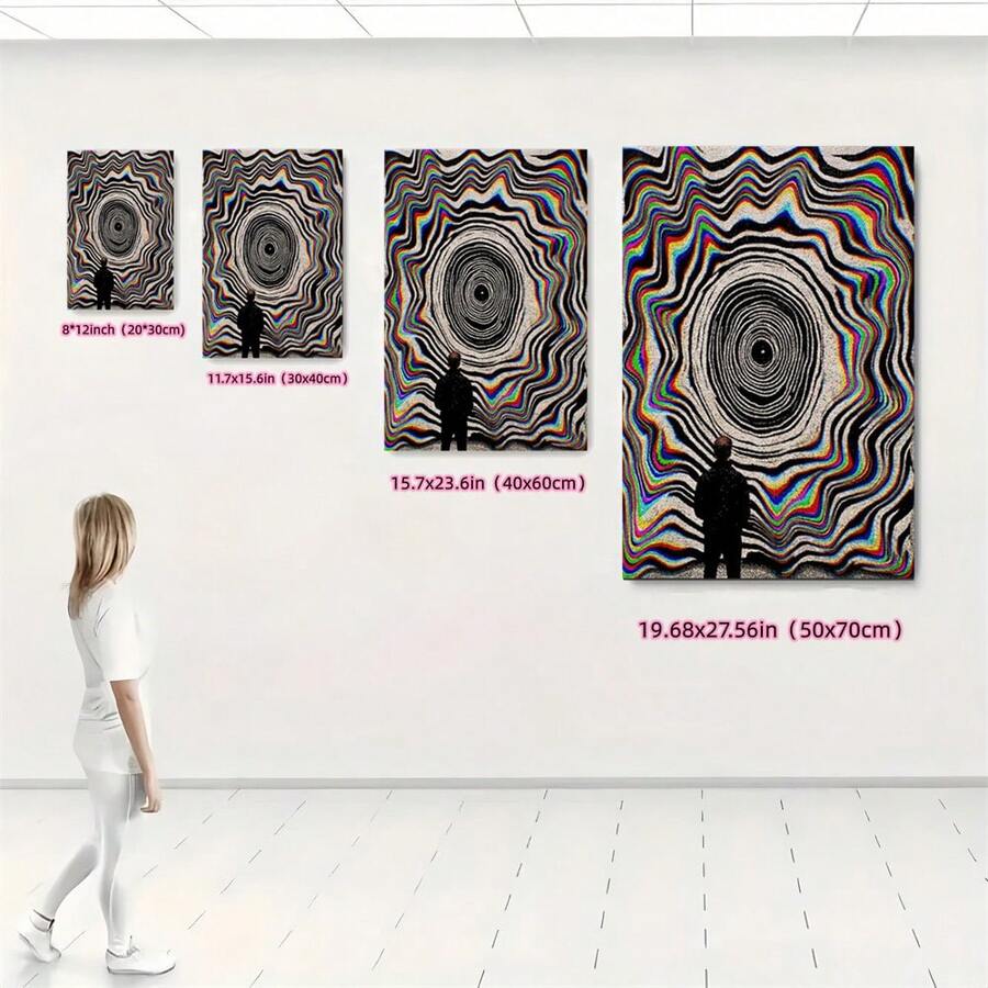 Colorful geometric vortex canvas shown in four sizes on a bright wall