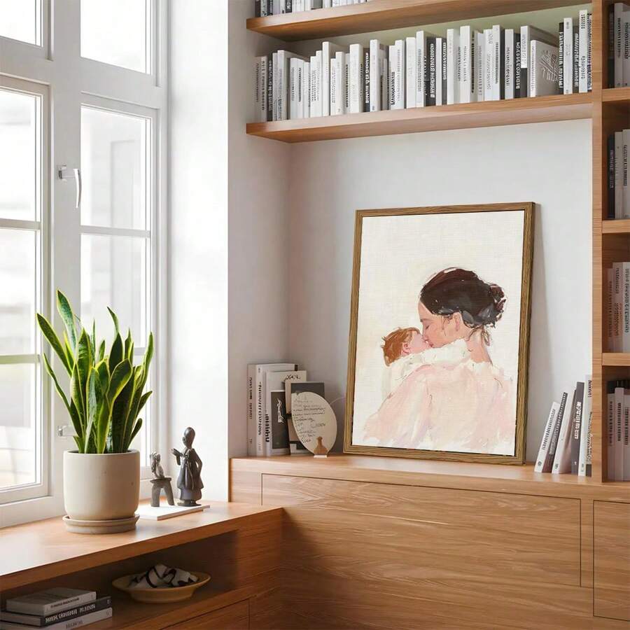 Framed mother and baby canvas art in a sunlit home library