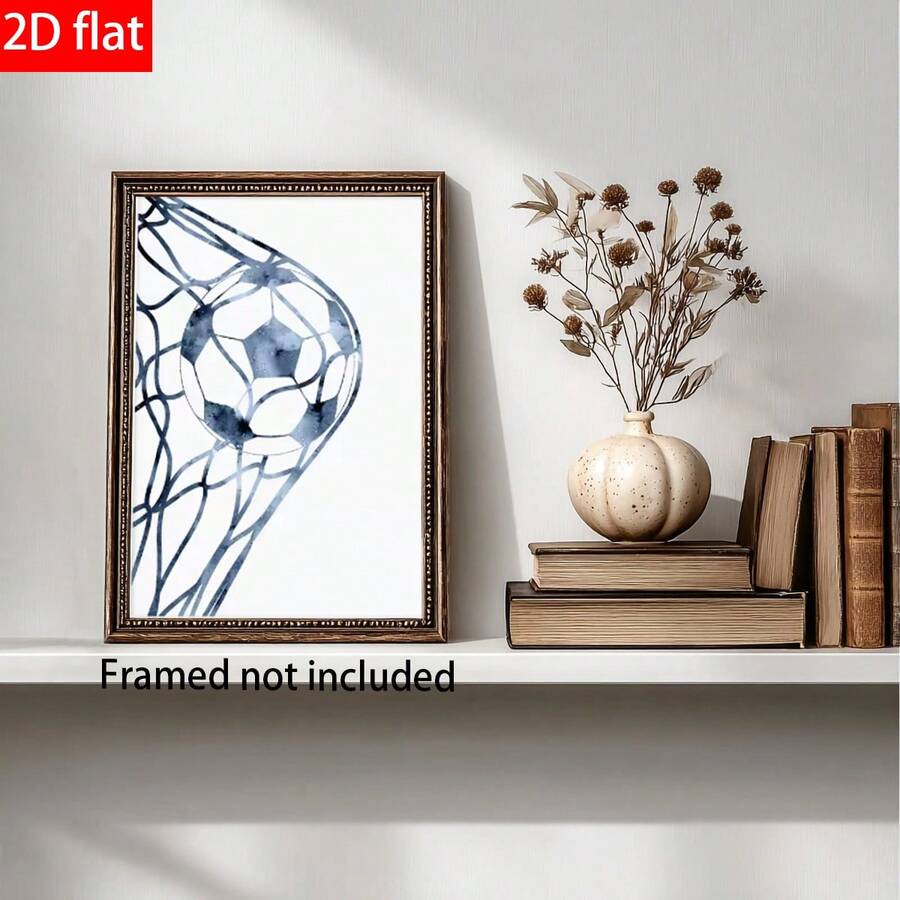 Unframed soccer goal canvas print displayed on a bookshelf