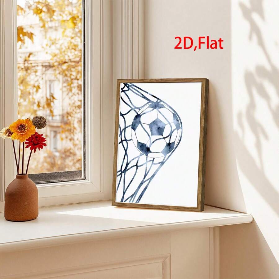 Blue-gray soccer ball and goal-net canvas art on a rustic console table