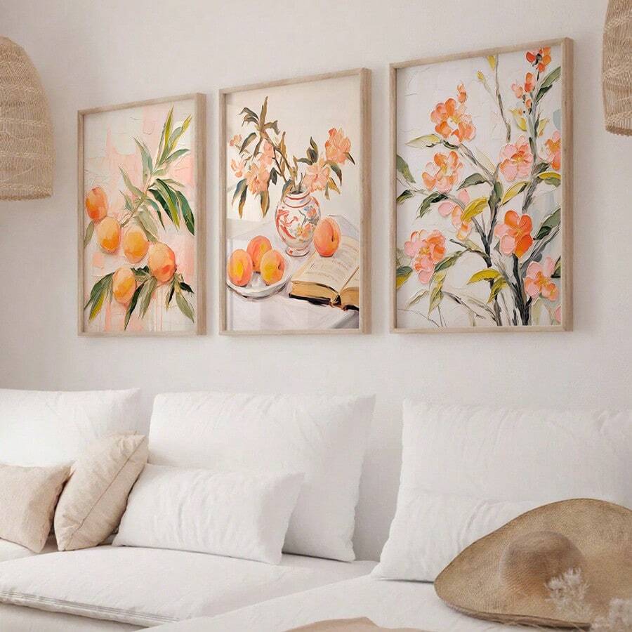 Front view of vintage peach blossom canvas wall art for cozy home decor