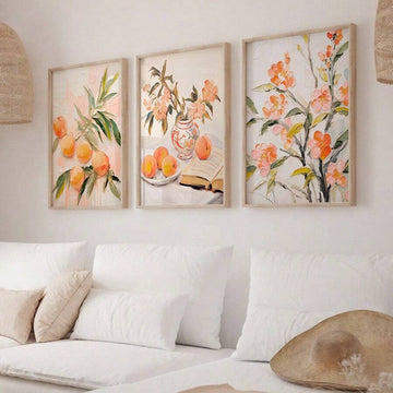 Front view of vintage peach blossom canvas wall art for cozy home decor